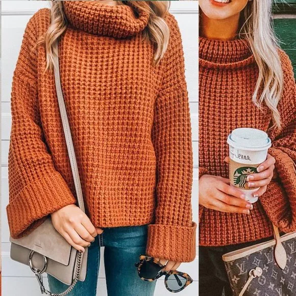 LAST Pumpkin Waffle Knit Turtle Neckline Sweater - Picture 3 of 6